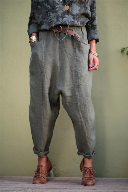 Haki Torba Cep Detay Keten Pantolon - Şaman Butik Haki Torba Cep Detay Keten Pantolon