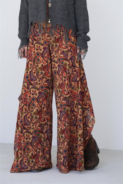 Hardal Beli Lastikli Desenli Yarasa Pantolon - Şaman Butik  - Bohem Giyim ve Aksesuar | Kadın & Erkek Hardal Beli Lastikli Desenli Yarasa Pantolon