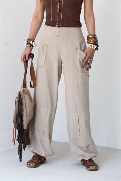Krem Cepleri Dikişli Pantolon - Şaman Butik - Bohem Giyim ve Aksesuar | Kadın & Erkek Krem Cepleri Dikişli Pantolon