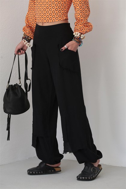 Siyah Cepleri Dikişli Pantolon - Şaman Butik - Bohem Giyim ve Aksesuar | Kadın & Erkek Siyah Cepleri Dikişli Pantolon