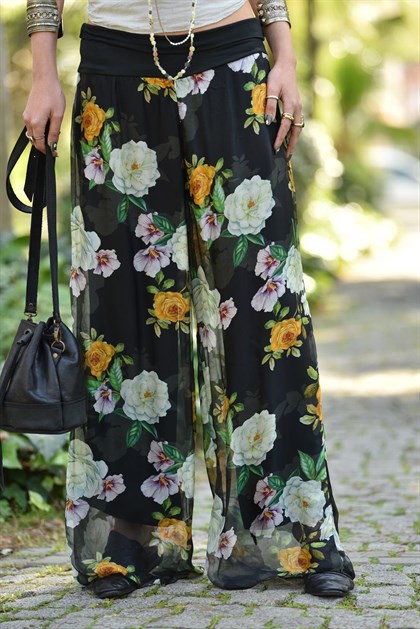Siyah Çiçek Desenli İpek Pantolon - Şaman Butik Siyah Çiçek Desenli İpek Pantolon