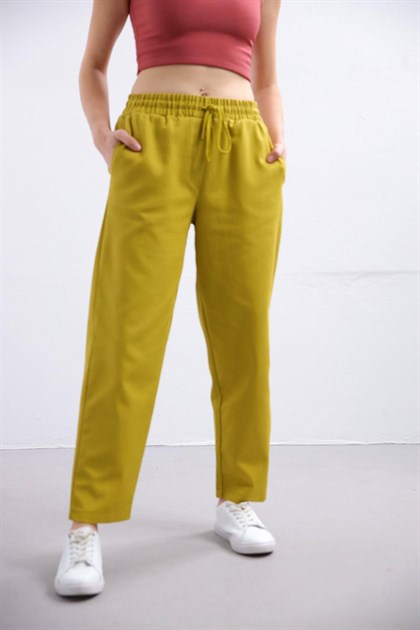  Yağ Yeşili Beli Lastikli Pantolon