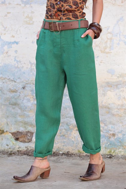 Yeşil Keten Judith Pantolon - Şaman Butik Yeşil Keten Judith Pantolon