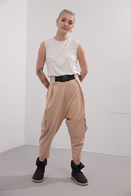 Bej Ağı Düşük Kemer Detay Şalvar Pantolon - Şaman Butik - Bohem Giyim ve Aksesuar | Kadın & Erkek Bej Ağı Düşük Kemer Detay Şalvar Pantolon