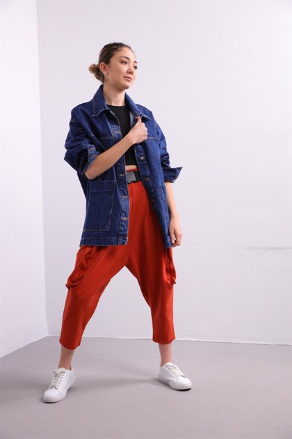 Brick Red Belted Drop Crotch Trousers - Saman Butik | Shop Online Brick Red Belted Drop Crotch Trousers