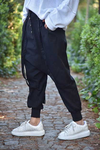 Black Harem Trouser with Ropes - Şaman Butik | Boho Fashion Black Harem Trouser with Ropes