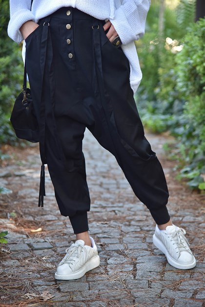 Black Harem Trouser with Ropes - Şaman Butik | Boho Fashion Black Harem Trouser with Ropes