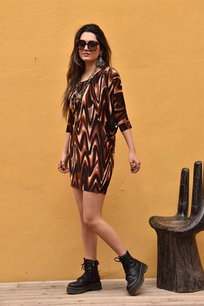 Kahverengi Desenli İpek Jarse Elbise - Şaman Butik  - Bohem Giyim ve Aksesuar | Kadın & Erkek Kahverengi Desenli İpek Jarse Elbise