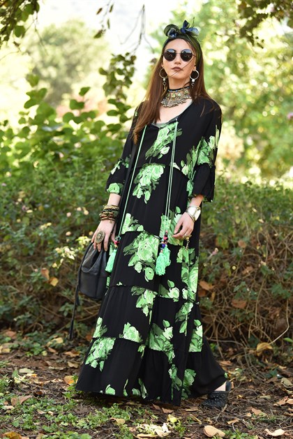 Siyah Yeşil Çiçek Desenli Uzun Elbise