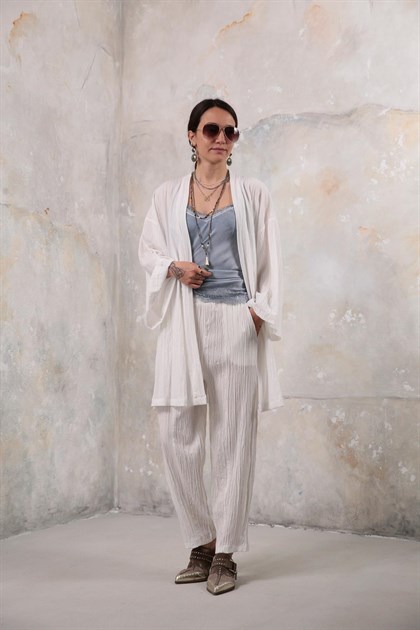 Beyaz Gofre Kimono Pantolon Takım - Şaman Butik Beyaz Gofre Kimono Pantolon Takım