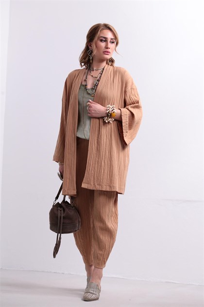 Camel Gofre Kimono Pantolon Takım - Şaman Butik Camel Gofre Kimono Pantolon Takım