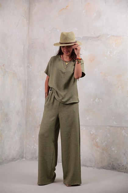 Haki Bluz Beli Lastikli Rahat Pantolon Takım - Şaman Butik Haki Bluz Beli Lastikli Rahat Pantolon Takım