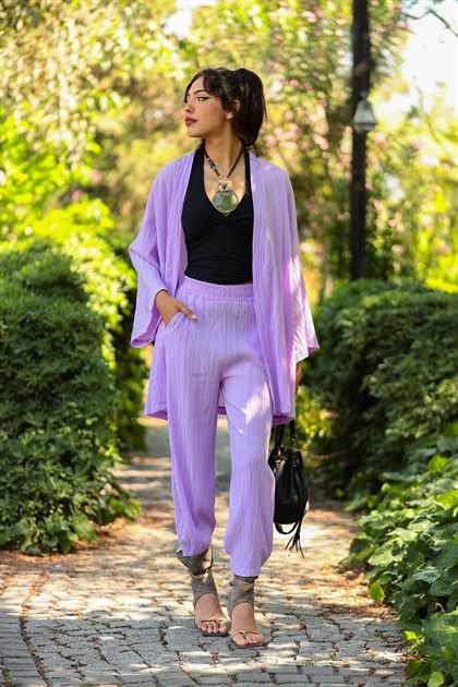 Lila Gofre Kimono Pantolon Takım - Şaman Butik Lila Gofre Kimono Pantolon Takım
