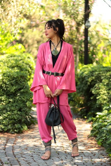Pembe Gofre Kimono Pantolon Takım - Şaman Butik Pembe Gofre Kimono Pantolon Takım