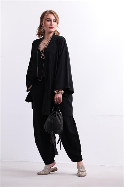 Siyah Gofre Kimono Pantolon Takım - Şaman Butik Siyah Gofre Kimono Pantolon Takım