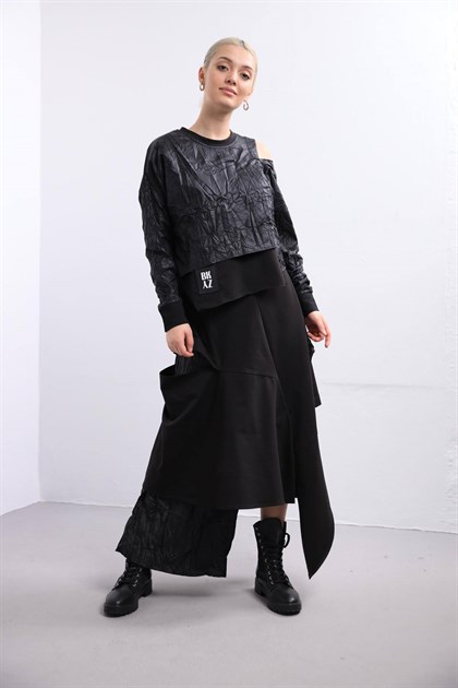 Siyah Parçalı Etekli Bluz Takım - Şaman Butik Siyah Parçalı Etekli Bluz Takım