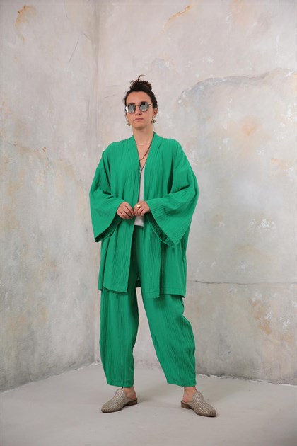 Yeşil Gofre Kimono Pantolon Takım - Şaman Butik Yeşil Gofre Kimono Pantolon Takım