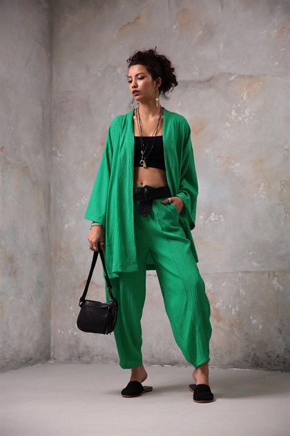 Yeşil Gofre Kimono Pantolon Takım - Şaman Butik - Bohem Giyim ve Aksesuar | Kadın & Erkek Yeşil Gofre Kimono Pantolon Takım