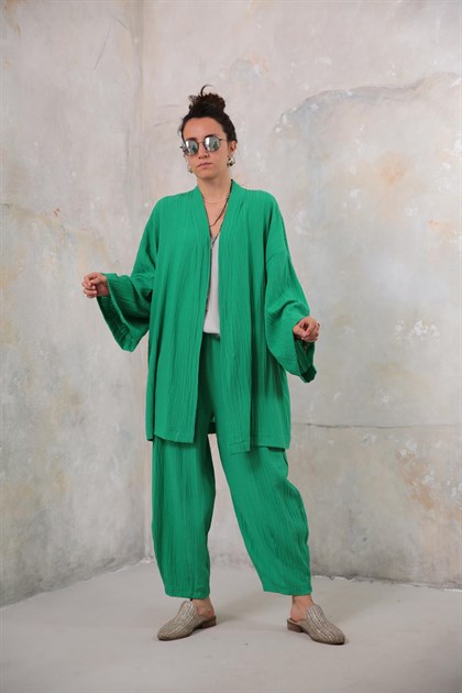 Yeşil Gofre Kimono Pantolon Takım - Şaman Butik Yeşil Gofre Kimono Pantolon Takım