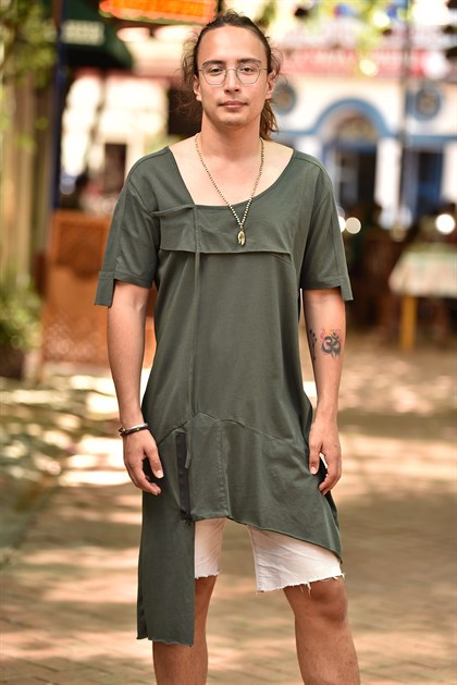 Haki Asimetrik Uzun Erkek T-Shirt - Şaman Butik Haki Asimetrik Uzun Erkek T-Shirt