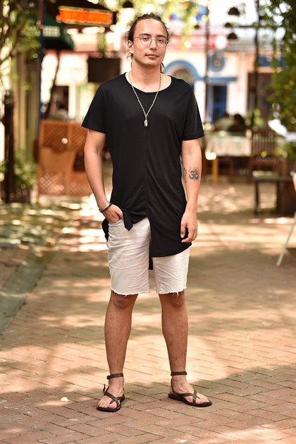 Kiremit V Yaka Parçalı Erkek Dario Tişört Siyah Önü Yırtmaçlı Erkek T-Shirt