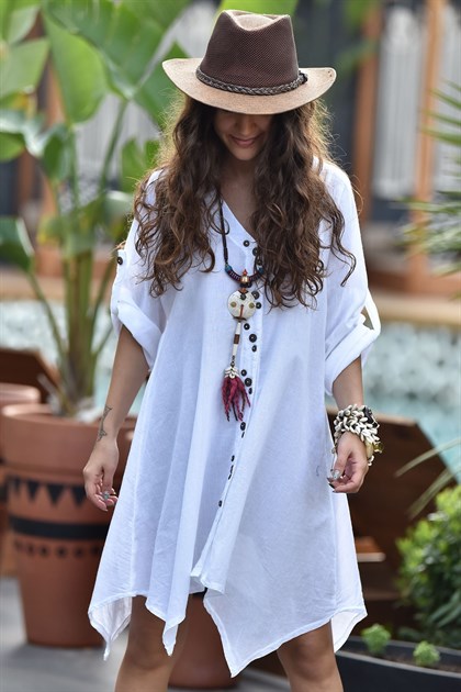 Beyaz Tahta Düğmeli Asimetrik Kesim Tunik Elbise - Şaman Butik Beyaz Tahta Düğmeli Asimetrik Kesim Tunik Elbise