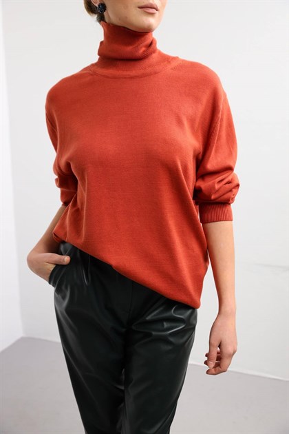 Brick Color Turtleneck Knitwear Tunic - Saman Butik | Shop Online Brick Color Turtleneck Knitwear Tunic