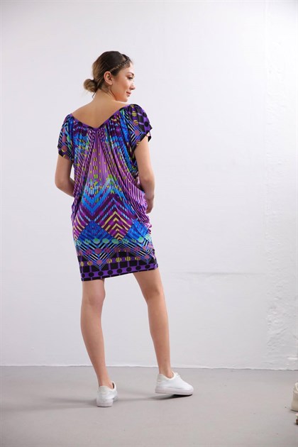 Renkli Kayık Yaka Desenli Jarse Tunik - Şaman Butik - Bohem Giyim ve Aksesuar | Kadın & Erkek Renkli Kayık Yaka Desenli Jarse Tunik